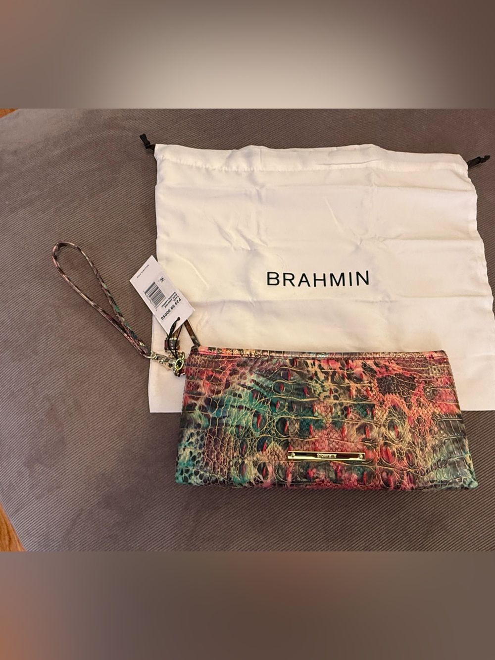 Brahmin Multicolor Teal Pink Green Croc-Embossed Wristlet
